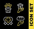 Set line Shelter for homeless, Donation food, Heart with cross and Animal shelter house icon. Vector
