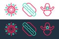 Set line Sheriff cowboy, Firework and Hotdog sandwich icon. Vector