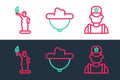 Set line Sheriff cowboy, Statue of Liberty and Western hat icon. Vector