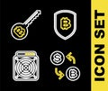 Set line Shield with bitcoin, Processor chip dollar, ASIC Miner and Cryptocurrency key icon. Vector