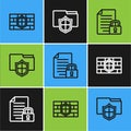 Set line Shield with brick wall, Document and lock and folder protection icon. Vector Royalty Free Stock Photo