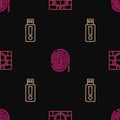 Set line Shield with brick wall, USB flash drive and Fingerprint on seamless pattern. Vector Royalty Free Stock Photo