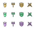 Set line Shield with crown, King, Medieval poleaxe and Crossed medieval sword icon. Vector