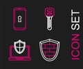 Set line Shield with cyber security brick wall, Laptop protected shield, Key and Smartphone lock icon. Vector