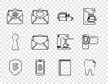 Set line Shield and dollar, Broken tooth, Coffee pot with cup, Smartphone, Mail e-mail, Book and Cinema camera icon