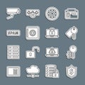 Set line Shield with dollar, Cryptocurrency key, Marked, Safe, Spam, Security camera and Laptop and lock icon. Vector