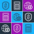 Set line Shield with dollar, Earth globe with dollar and Calculator icon. Vector