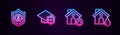 Set line Shield with dollar, Graduation cap shield, Fire in burning house and House flood. Glowing neon icon. Vector