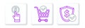 Set line Shield with dollar, Hand holding coin and Shopping cart check mark icon. Vector