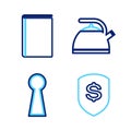 Set line Shield and dollar, Keyhole, Kettle with handle and Book icon. Vector