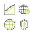 Set line Shield with dollar symbol, Earth globe, and Pie chart infographic icon. Vector Royalty Free Stock Photo