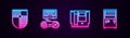 Set line Shield for game, Game console with joystick, Cartridge and Computer. Glowing neon icon. Vector