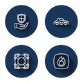 Set line Shield in hand, Flood car, Lifebuoy and Fire flame with long shadow. Blue circle button. Vector Royalty Free Stock Photo