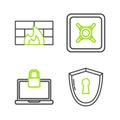 Set line Shield with keyhole, Laptop and lock, Safe and Firewall, security wall icon. Vector Royalty Free Stock Photo