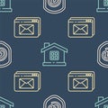 Set line Shield with mail and e-mail, Website and envelope and House on seamless pattern. Vector