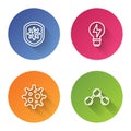 Set line Shield protecting from virus, Light bulb with lightning, Virus and Molecule. Color circle button. Vector