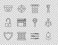 Set line Shield, Ringing alarm bell, Password protection, Prison window, Motion sensor, Website template, Barbed wire Royalty Free Stock Photo