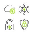 Set line Shield security with lock, Lock bitcoin, Blockchain technology Ethereum ETH and Cryptocurrency cloud mining