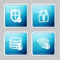 Set line Shield security with lock, Broken or cracked, Server and Wifi locked icon. Vector