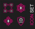 Set line Shield security with lock, CPU mining farm, Blockchain technology Bitcoin and icon. Vector Royalty Free Stock Photo