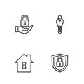 Set line Shield security with lock, House under protection, Lock and Key icon. Vector Royalty Free Stock Photo