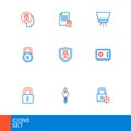 Set line Shield security with lock, Key, Lock, Safe, Fire sprinkler system and Document and icon. Vector Royalty Free Stock Photo