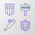 Set line Shield with stars, Baseball bat ball, Vote and American flag icon. Vector Royalty Free Stock Photo