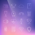 Set line Shield, Trophy cup, Trash can, Cloud, Pope hat, Wine glass, Speaker mute and Scales of justice icon. Vector Royalty Free Stock Photo