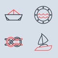 Set line Ship porthole, Nautical rope knots, Yacht sailboat and Folded paper icon. Vector Royalty Free Stock Photo