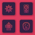 Set line Ship steering wheel, Aqualung, Gauge scale and Diving mask. Blue square button. Vector Royalty Free Stock Photo
