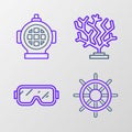 Set line Ship steering wheel, Diving mask, Coral and Aqualung icon. Vector