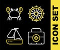 Set line Ship steering wheel, First aid kit, Yacht sailboat and Crab icon. Vector