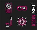 Set line Ship steering wheel, Snorkel, Diving mask and Gauge scale icon. Vector Royalty Free Stock Photo