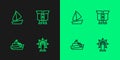 Set line Ship steering wheel, Speedboat, Yacht sailboat and Binoculars icon. Vector