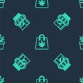 Set line Shopping bag of marijuana, Marijuana and cannabis store and plant pot on seamless pattern. Vector