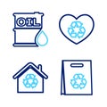 Set line Shopping bag with recycle, Eco House recycling, friendly heart and Oil barrel icon. Vector