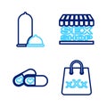 Set line Shopping bag with triple X, Pills for potency, Sex shop building and Condoms safe sex icon. Vector