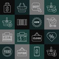 Set line Shopping basket and dollar, Discount percent tag heart, cart with check mark, Buy button, Barcode, Add, Shoping Royalty Free Stock Photo