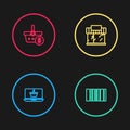 Set line Shopping basket on laptop, Barcode, building or market store and and dollar icon. Vector