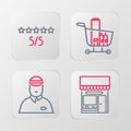 Set line Shopping building or market store, Seller, cart and food and Consumer customer product rating icon. Vector