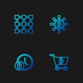 Set line Shopping cart with bitcoin, Bitcoin clock, Blockchain technology and . Gradient color icons. Vector