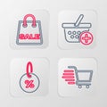 Set line Shopping cart, Discount percent tag, Add to basket and bag with Sale icon. Vector Royalty Free Stock Photo