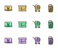 Set line Shopping cart and food, on screen laptop, Market store and POS terminal icon. Vector