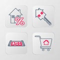 Set line Shopping cart with house, House plan, key and percant icon. Vector Royalty Free Stock Photo