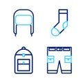 Set line Short or pants, Backpack, Socks and Winter hat with ear flaps icon. Vector