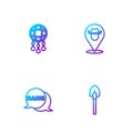 Set line Shovel, Bang boom, gun Comic, Dream catcher with feathers and Location cowboy. Gradient color icons. Vector