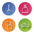 Set line Shovel, Camping gas stove, Lighter and Pickup truck. Color circle button. Vector