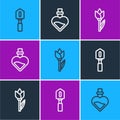 Set line Shovel, Flower tulip and Bottle with love potion icon. Vector