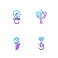 Set line Shovel, Flower tulip, Forest and Blossom tree branch. Gradient color icons. Vector