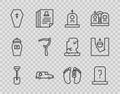 Set line Shovel, Grave with tombstone, Hearse car, Coffin cross, Scythe, Dead body and grave icon. Vector Royalty Free Stock Photo